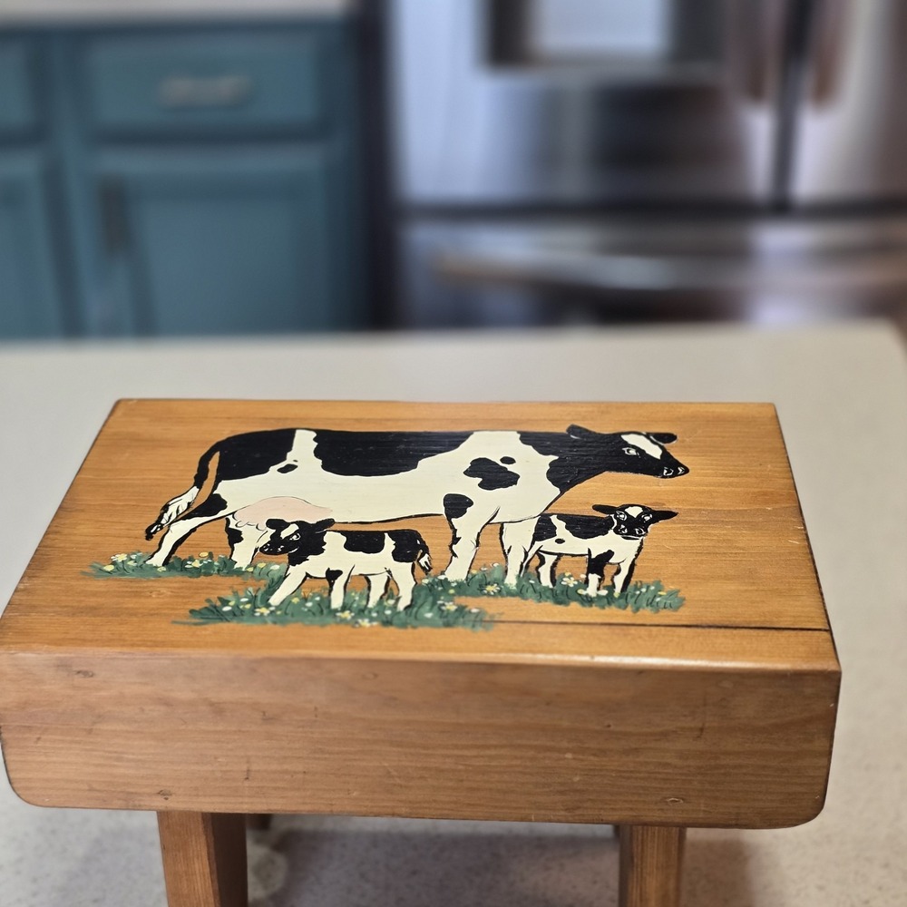 Sweet Country Farm Kitchen vintage  Stool Hand Painted Cows Momma Babies